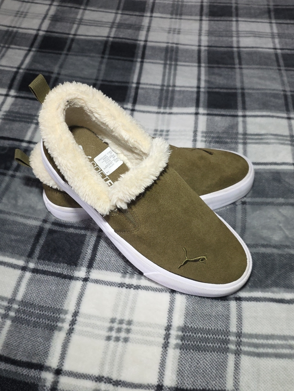 Puma Olive Green Slip-On Sneakers with Cream Faux Fur Trim